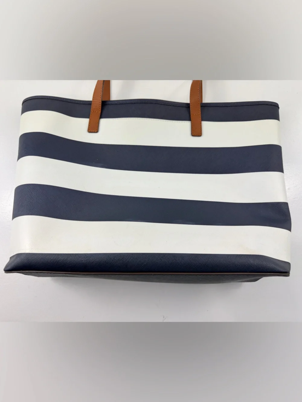 Michael Kors Jet Set Large Tote Bag Navy Blue White Stripe Saffiano Leather Gold